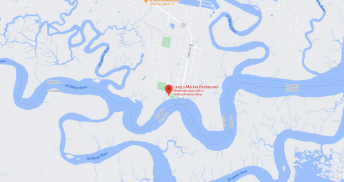 Map showing Lang's Marina Restaurant location along winding waterways in Florida.