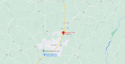 Map showing the location of Mountain Fresh Creamery near Clermont, with surrounding roads and landmarks.