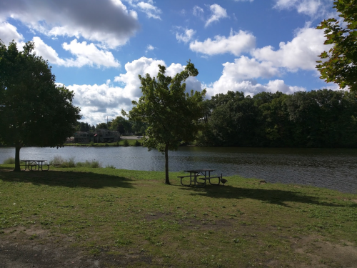 A serene lakeside scene with trees, picnic tables, and fluffy clouds in a blue sky.