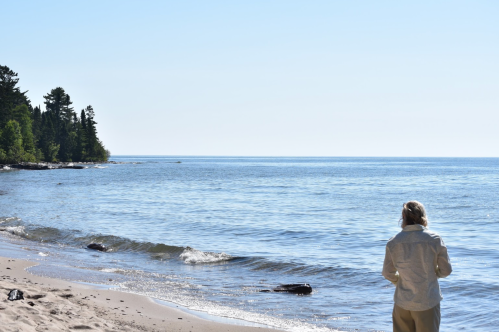 A person stands on a sandy beach, gazing at a calm lake with trees lining the shore under a clear blue sky.