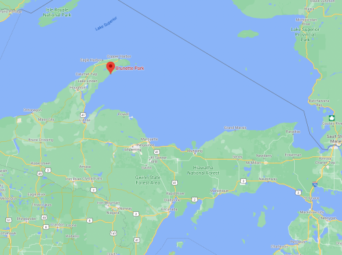 Map showing Brunette Park located in Michigan, near Lake Superior, with surrounding forests and towns marked.