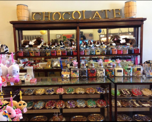 A colorful display of candies and chocolates in a shop, with decorative jars and stuffed animals on shelves.