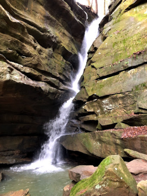 A serene waterfall cascading down moss-covered rocks into a tranquil pool below, surrounded by lush greenery.