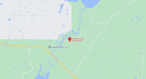 Map showing the Myakka Canopy Walkway and surrounding natural areas in Myakka River State Park, Florida.
