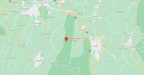 Map showing Houston Valley OHV Trails location, surrounded by green areas and nearby roads in the region.
