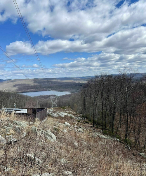 A scenic view of a lake surrounded by hills, with power lines and bare trees in the foreground under a cloudy sky.