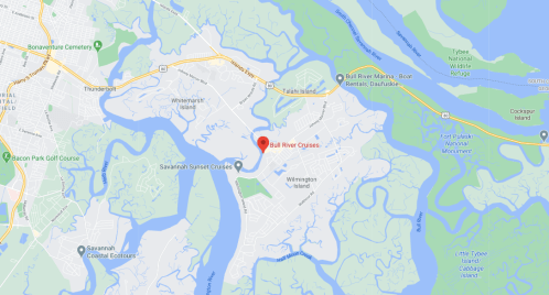 Map showing the location of Bull River Cruises near Wilmington Island, Georgia, with surrounding waterways and landmarks.