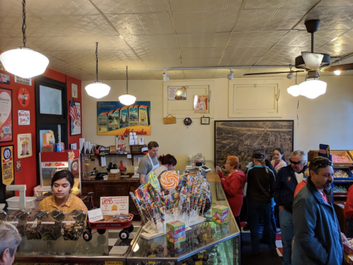 A vintage candy shop with colorful displays, customers browsing, and staff serving at the counter under warm lighting.