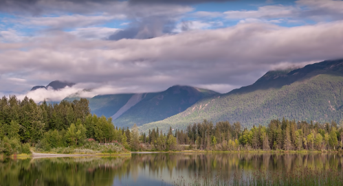 A serene landscape featuring a calm lake, lush greenery, and mountains under a cloudy sky.