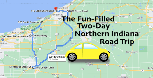 Map showing a route for a two-day road trip in Northern Indiana, featuring a yellow car icon and key locations.