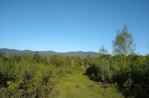 A clear blue sky over a lush green landscape with trees and distant mountains in the background.