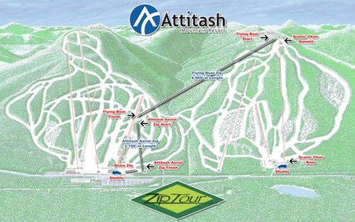 Map of Attitash Mountain Resort showing zip line routes, starting and finishing points, and scenic chairlift locations.