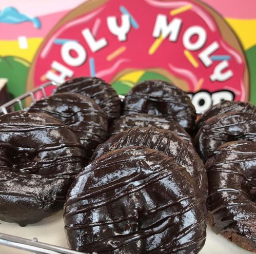 A tray of glossy chocolate donuts with a colorful "Holy Moly" donut shop sign in the background.
