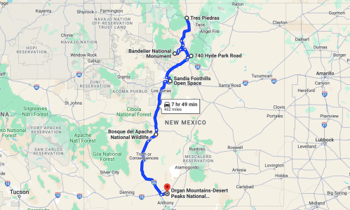 Map showing a route from Tres Piedras to Organ Mountains-Desert Peaks National Park in New Mexico, covering 452 miles.