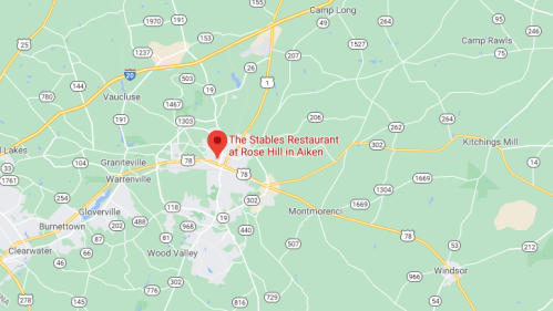 Map showing the location of The Stables Restaurant at Rose Hill in Aiken, South Carolina.