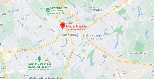 Map of Spartanburg, South Carolina, highlighting the location of the Hub City Railroad Museum.