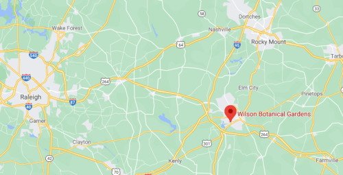 Map showing the location of Wilson Botanical Gardens near Elm City, North Carolina, with nearby highways and towns.