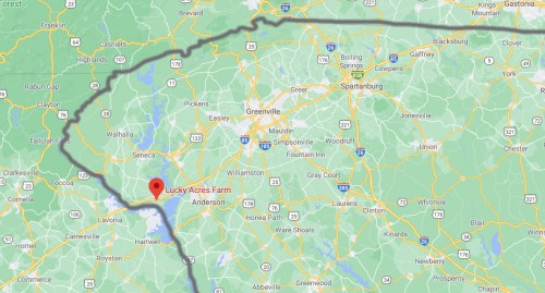 Map showing the location of Lucky Acres Farm near Anderson, South Carolina, with surrounding highways and towns.
