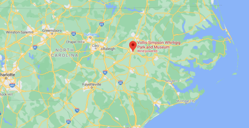 Map showing North Carolina with a marker for Vollis Simpson Whirligig Park and Museum.