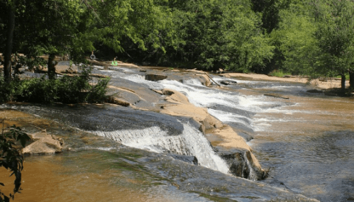 A serene river flows over rocky terrain, surrounded by lush greenery and trees on a sunny day.