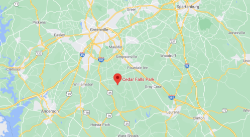 Map showing Cedar Falls Park location near Greenville, South Carolina, with surrounding towns and highways.