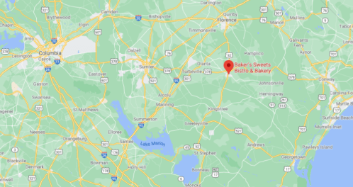 Map showing the location of Baker's Sweets Bistro & Bakery near Johnsonville, South Carolina.