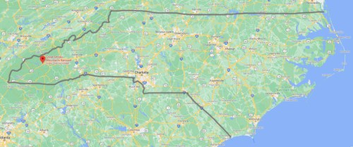 Map highlighting the route from Great Smoky Mountains National Park to various locations in North Carolina.
