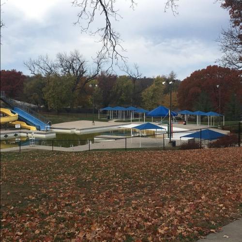 An empty water park with a slide, covered areas, and autumn leaves scattered on the ground.