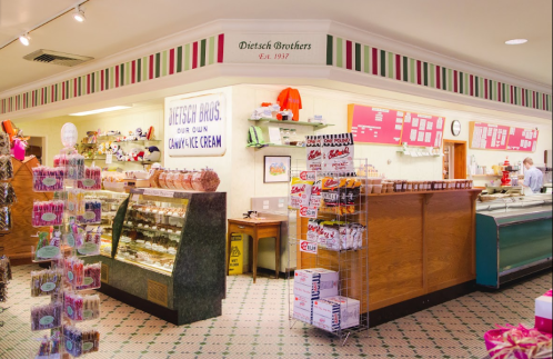 Interior of Dietsch Brothers candy shop, featuring colorful displays of sweets and ice cream, with a vintage feel.