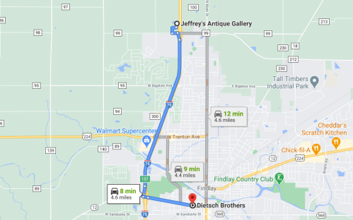 Map showing directions from Dietsch Brothers to Jeffrey's Antique Gallery, with estimated travel times and distances.