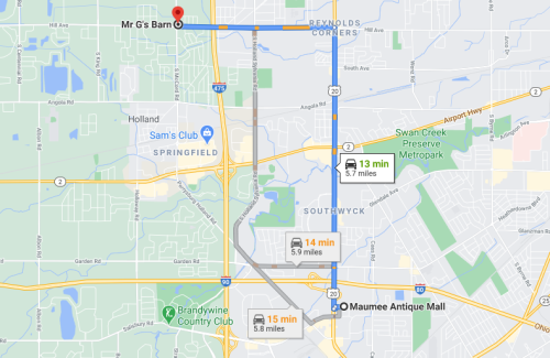 Map showing directions from Mr. G's Barn to Maumee Antique Mall, with estimated travel times and distances.
