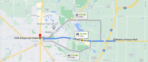 Map showing directions from Chill Artisan Ice Cream to Medina Antique Mall, with estimated travel times and distances.