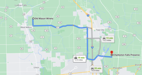 Map showing directions from Old Mason Winery to Charleston Falls Preserve, with estimated travel times and distances.