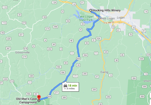 Map showing route from Old Man's Cave Campground to Hocking Hills Winery, 11.6 miles, 18 minutes drive.