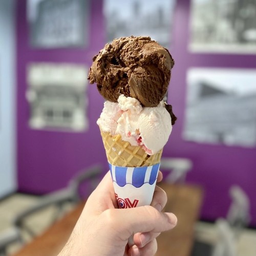 A hand holding a waffle cone with two scoops of ice cream: chocolate on top and strawberry below.