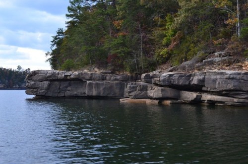 Rocky shoreline with trees along the water's edge, reflecting in a calm lake under a cloudy sky.