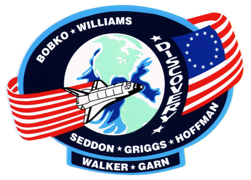 NASA mission patch featuring the Space Shuttle Discovery, Earth, and names of the crew members with red and white stripes.