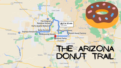 Map showing the Arizona Donut Trail route with donut icons and locations of various donut shops.