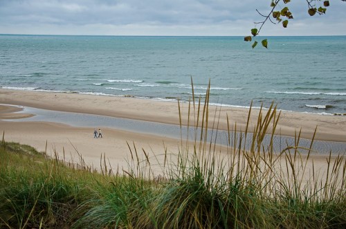 A serene beach scene with two people walking along the shore, framed by grass and gentle waves under a cloudy sky.