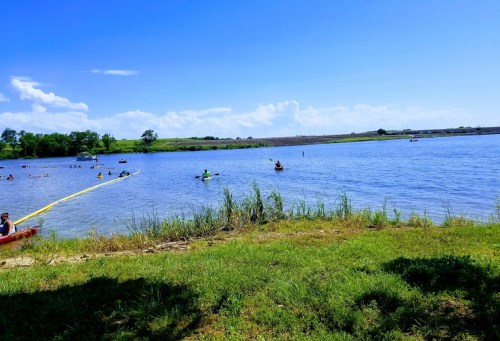 A sunny lakeside scene with people swimming and kayaking, surrounded by green grass and trees under a blue sky.