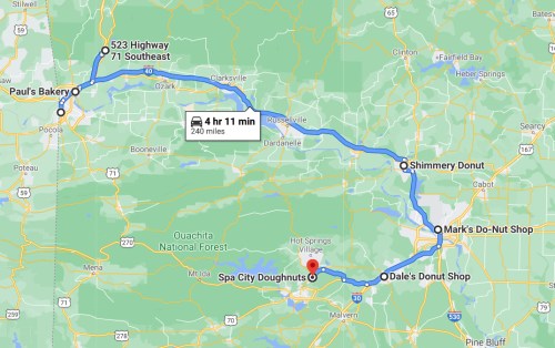 Map showing a route for a 240-mile trip to various donut shops, including Spa City Doughnuts and Paul's Bakery.
