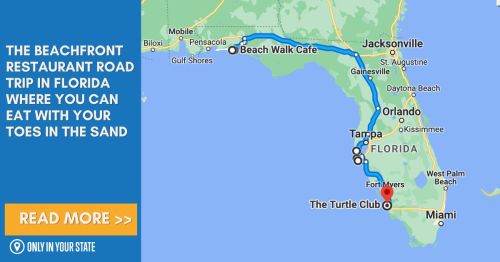 Map of a beachfront restaurant road trip in Florida, highlighting locations to eat with toes in the sand.
