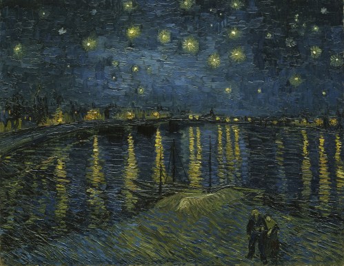 A starry night sky over a calm river, with reflections of lights and silhouettes of two figures on the shore.