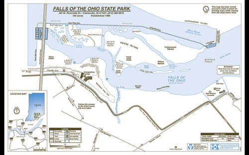 Map of Falls of the Ohio State Park, showing trails, landmarks, and surrounding areas. Established 1930.