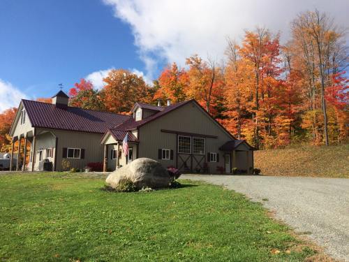 A charming house with a red roof surrounded by vibrant autumn trees and a grassy area.