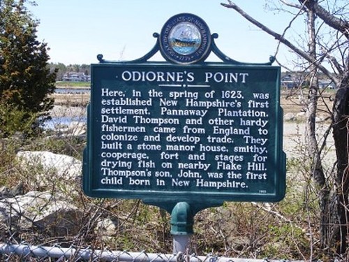 Historical marker at Odiorne's Point, detailing the establishment of Pannaway Plantation in 1623, New Hampshire.