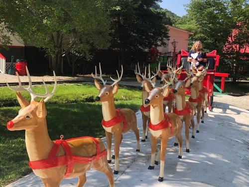 A woman holds a child while standing next to a row of decorative reindeer in a festive outdoor setting.