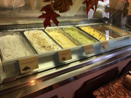 A display of gelato flavors in metal trays, including stracciatella and torrone, with autumn leaves decor.