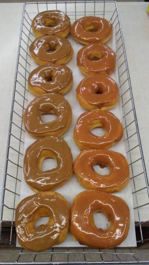 A wire basket filled with glazed donuts, featuring a mix of chocolate and caramel icing.