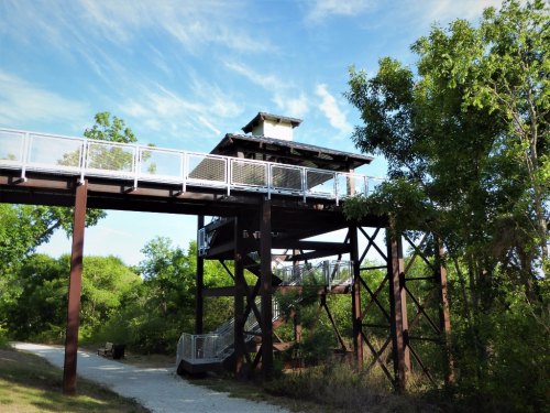 A wooden observation tower with a metal staircase, surrounded by greenery and a clear blue sky.